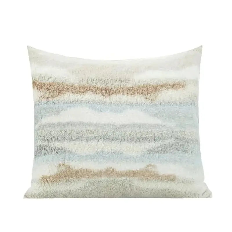 A square plush fleece cushion cover with textured layered design in soft beige and muted blue for bedroom decorbites galaxy inspired jupiter