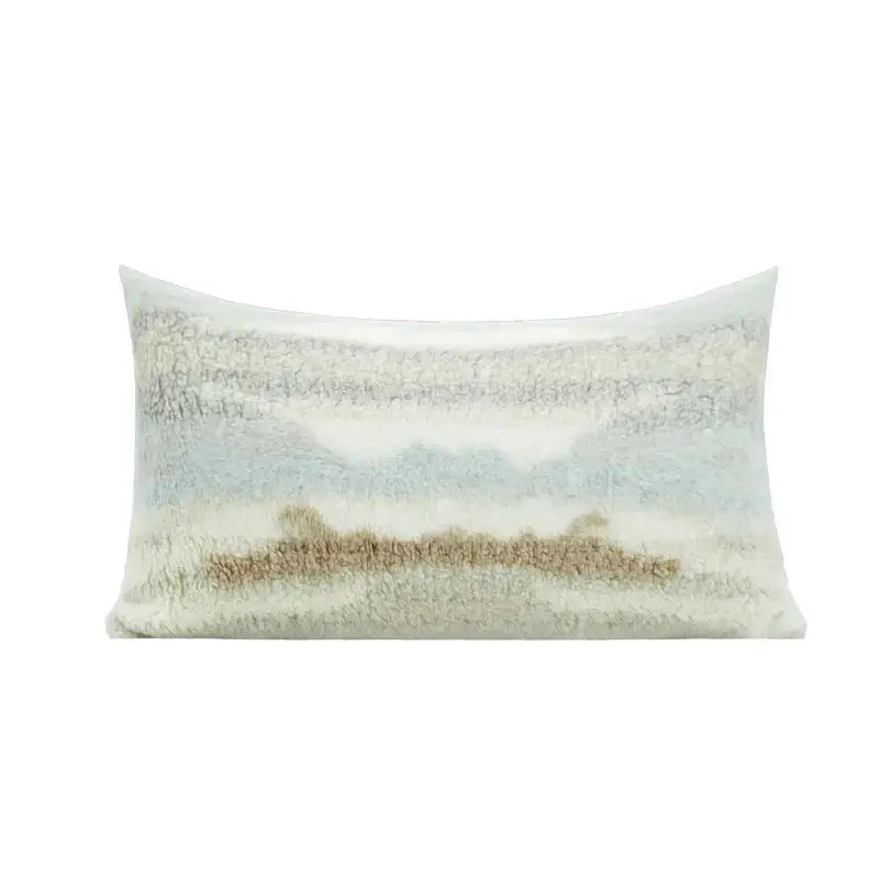Rectangular plush fleece cushion cover with galaxy inspired jupiter textured landscape in beige and muted blue tones