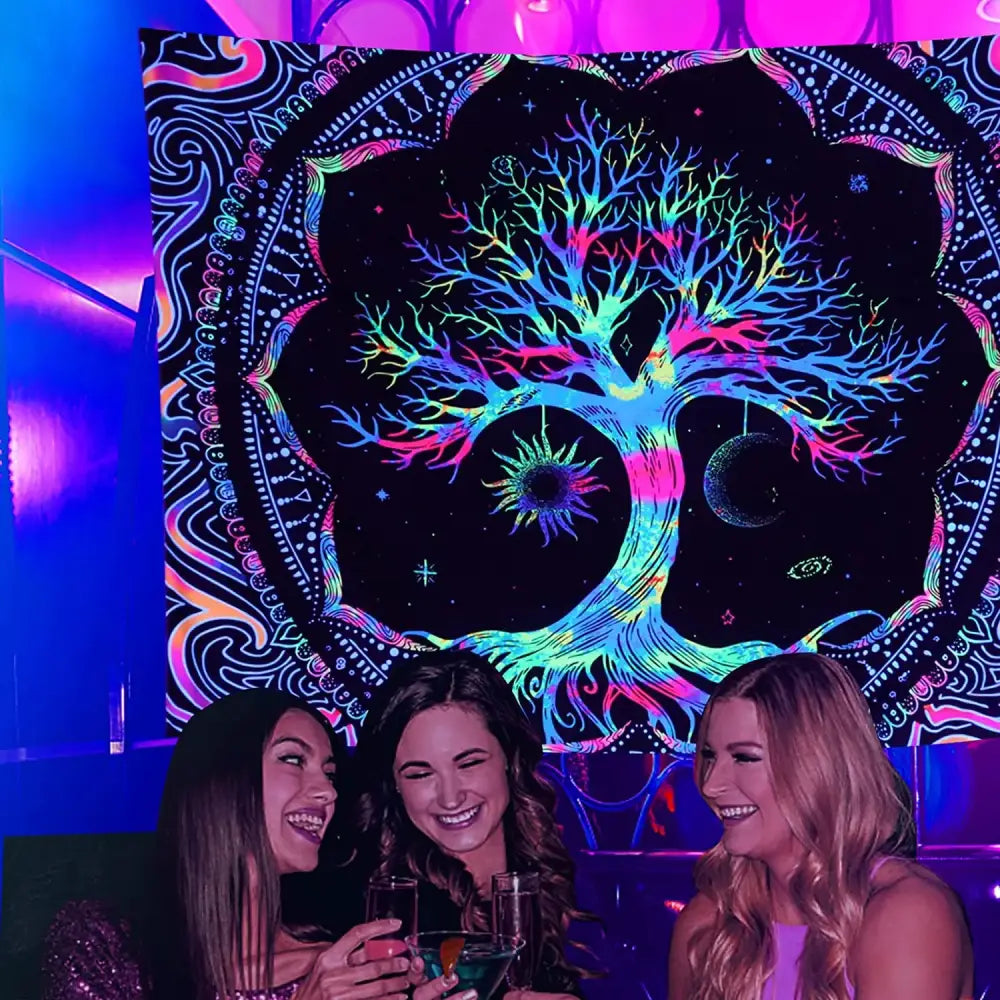 A vibrant galaxy tree life tapestry with neon hues on black background for decorbites galaxy tree bedroom decor