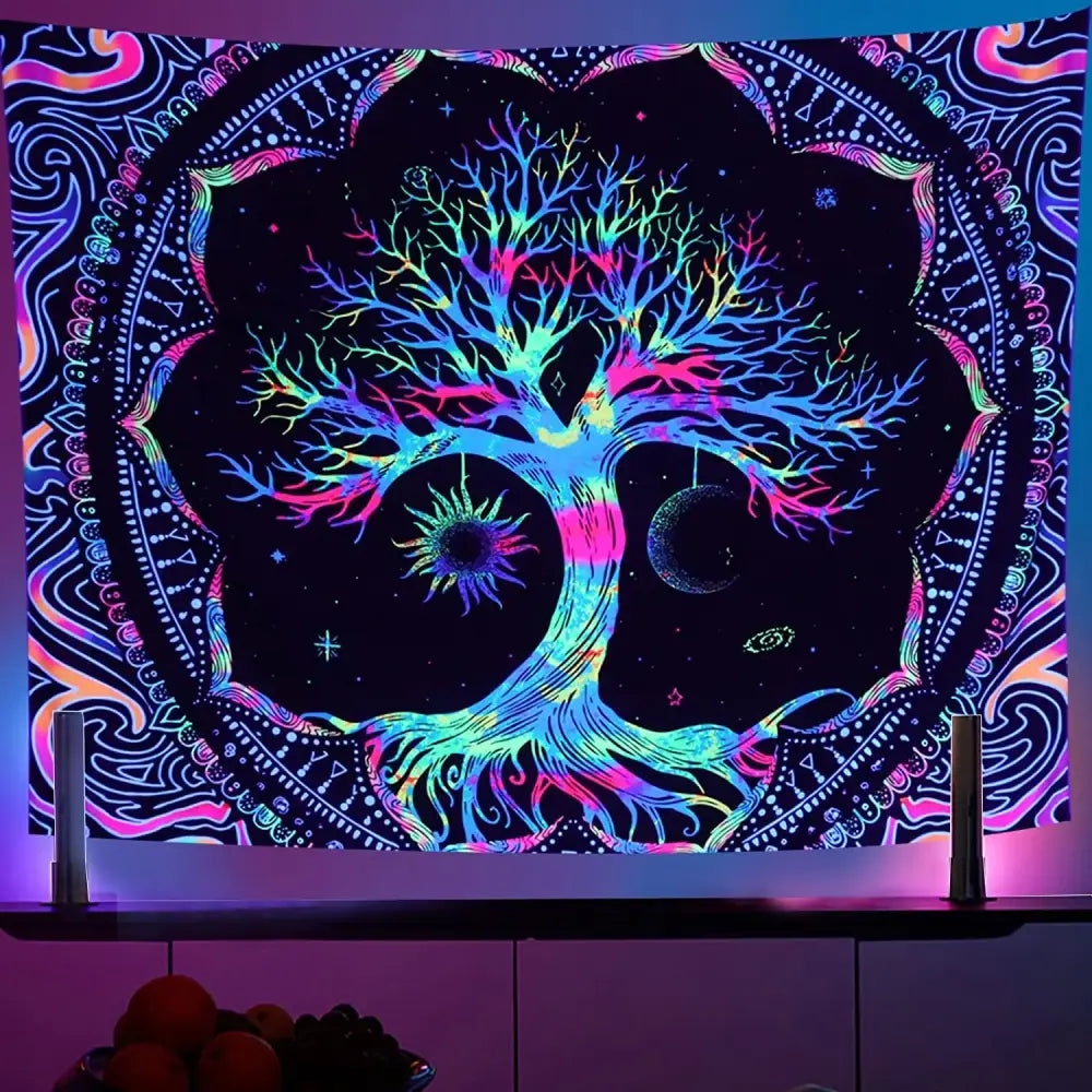 Vibrant neon-colored galaxy tree of life tapestry featuring intricate mandala and cosmic motifs for bedroom decorbites decor
