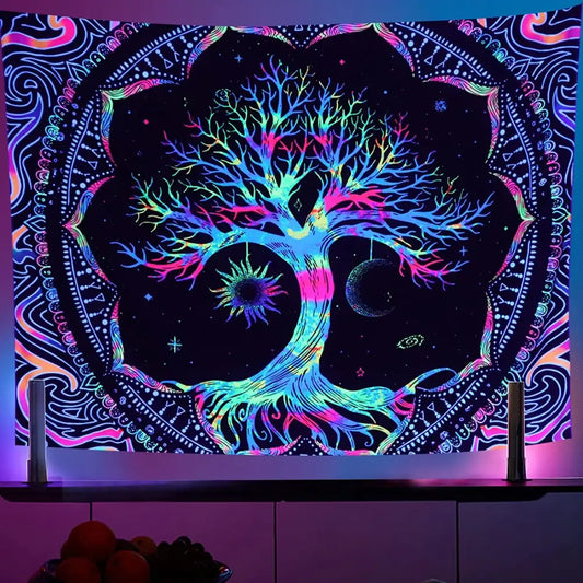 Vibrant neon-colored galaxy tree of life tapestry featuring intricate mandala and cosmic motifs for bedroom decorbites decor