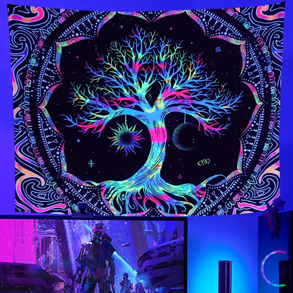 Vibrant neon galaxy tree life tapestry with glowing cosmic mandala design for aesthetic bedroom decor by decorbites galaxy tree