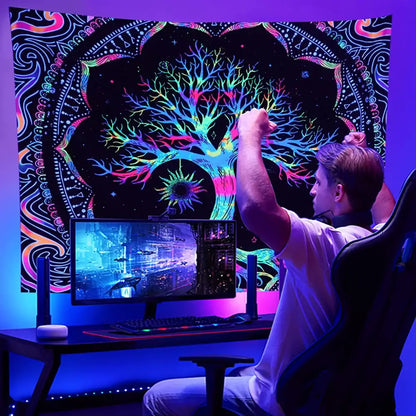 Galaxy tree of life tapestry with vibrant neon colors featuring a glowing tree for aesthetic bedroom decor by decorbites