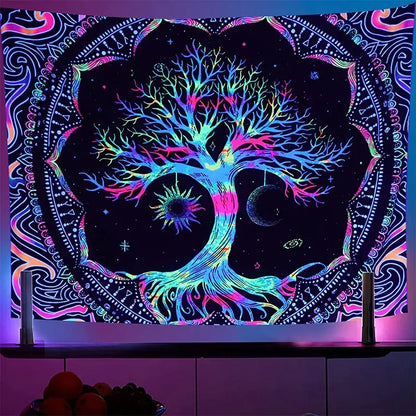Vibrant neon galaxy tree of life tapestry with cosmic motifs and mandala borders for decorbites galaxy tree decor
