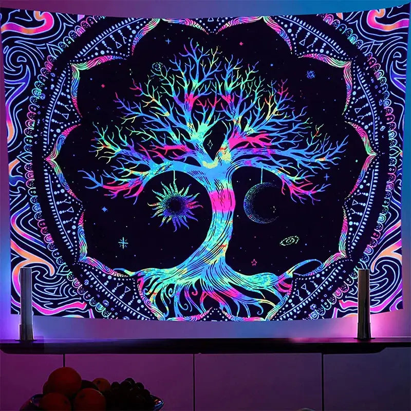 Vibrant neon galaxy tree of life tapestry with cosmic motifs and mandala borders for decorbites galaxy tree decor