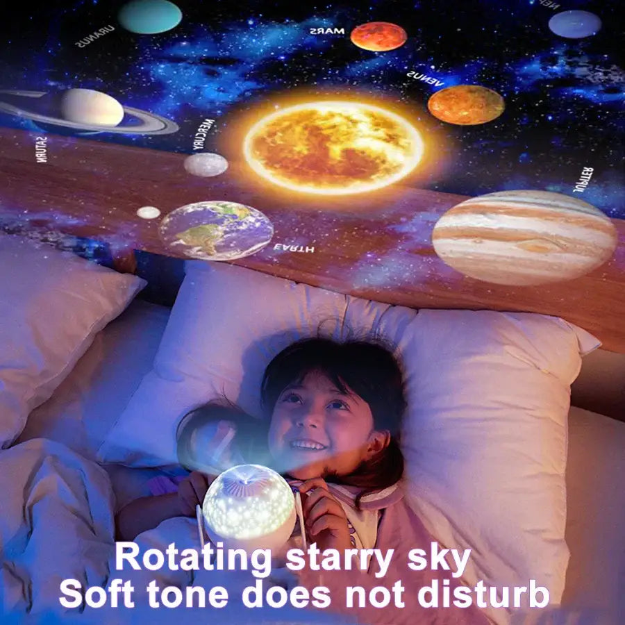 Galaxy white planetarium night light projector with soft white glow casting rotating starry sky for bedroom kids gift