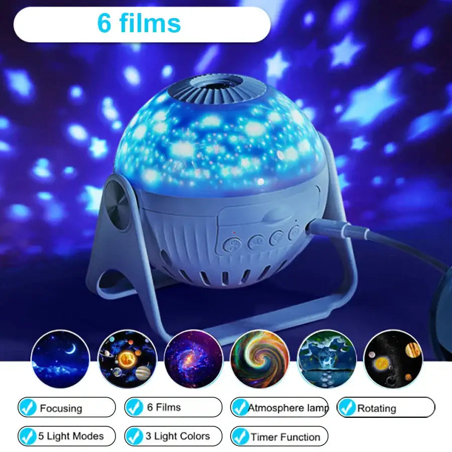 Galaxy white planetarium night light projector with sleek white plastic body and rotating blue starry night light projector