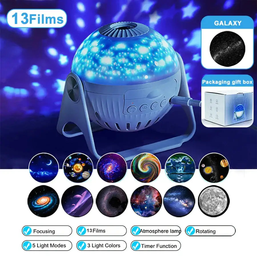 Blue galaxy-themed white planetarium night light projector lamp with rotating design and multiple light modes for kids bedroom