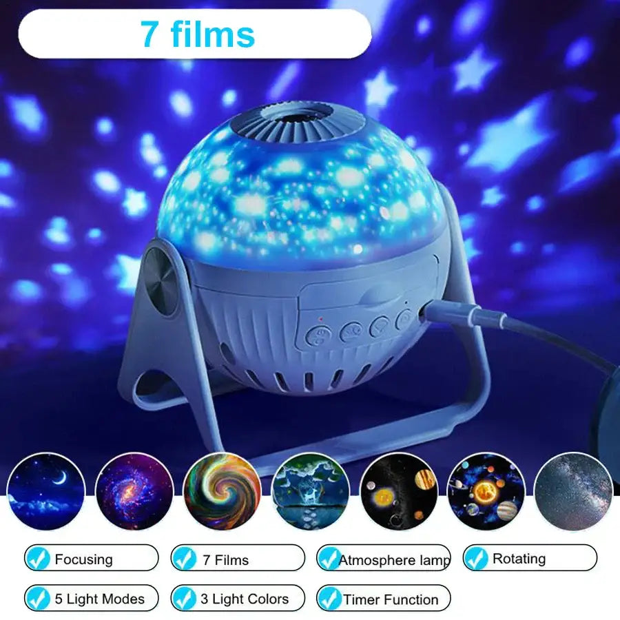 Blue starry night light projector with spherical design and gray base galaxy white planetarium for kids bedroom gift