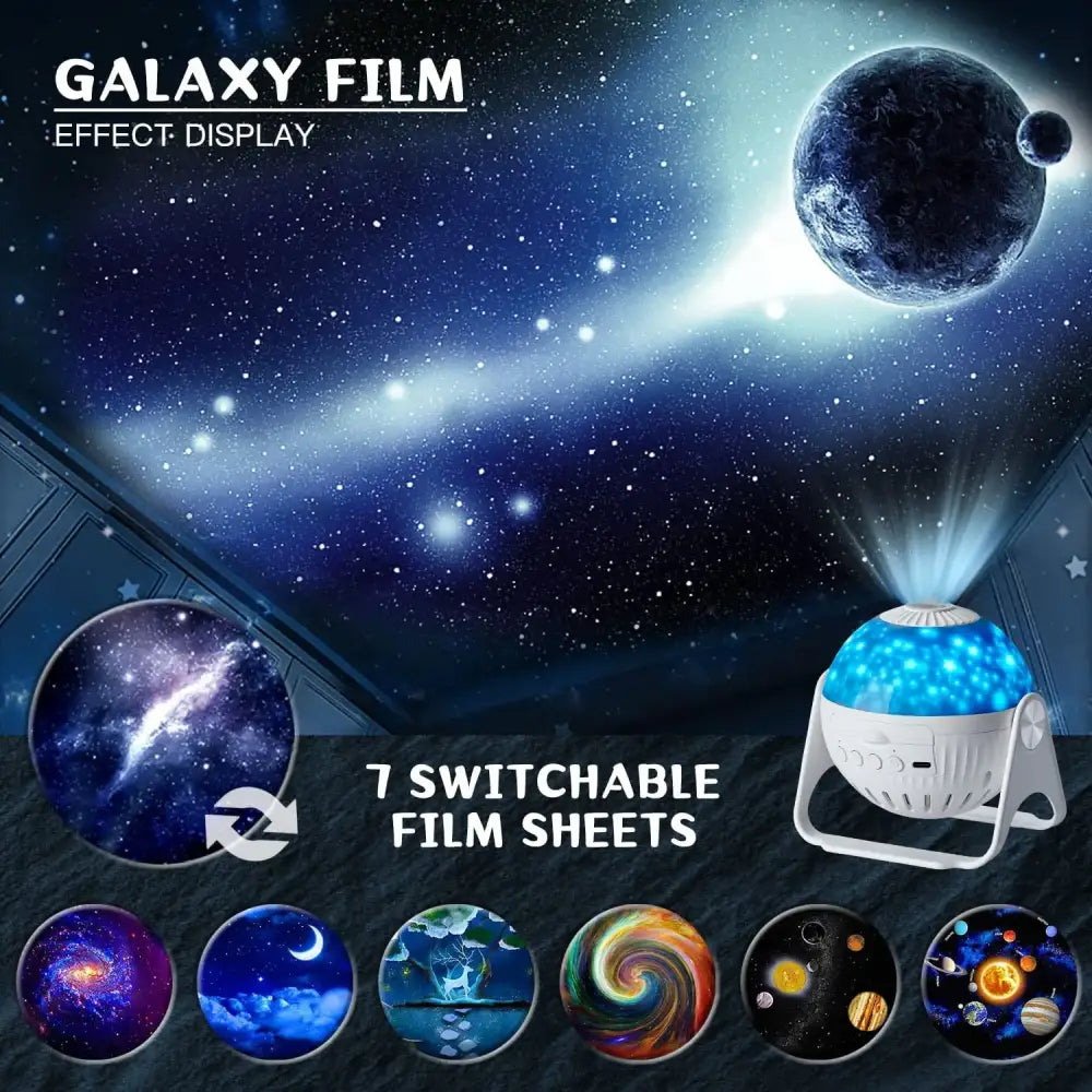 Galaxy white planetarium night light projector with blue galaxy theme and 7 switchable film sheets for cosmic displays