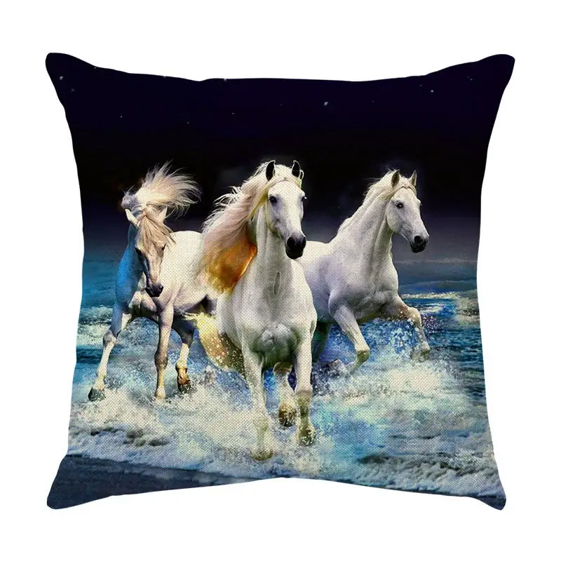 Square galloping horse pillowcase with vibrant print of three white horses on ocean waves for living room decorbites galloping horse