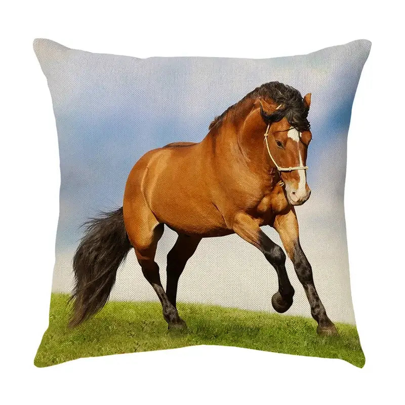 Brown horse with white blaze and black mane printed on a galloping horse pillowcase by decorbites on linen cover