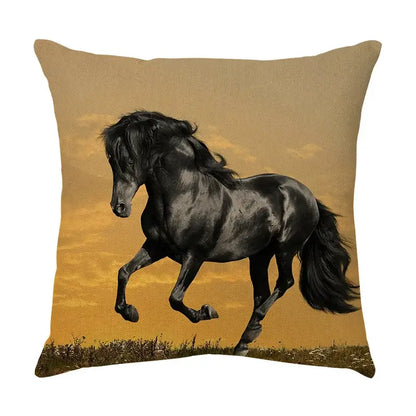 Square vibrant linen galloping horse pillowcase with black horse against orange sunset for living room decorbites galloping horse