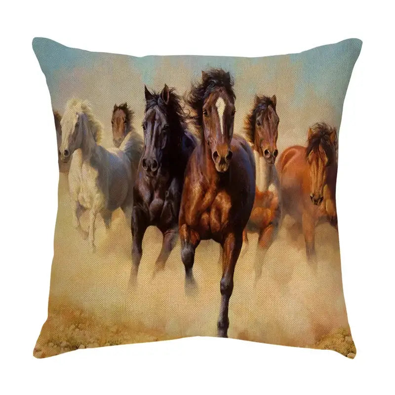 Square throw pillow with decorbites galloping horse vibrant linen cushion cover featuring earthy tones and textured fabric