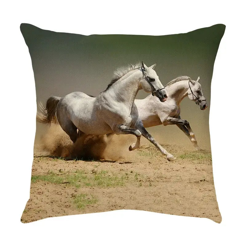 Square linen decorbites galloping horse pillowcase with vibrant print of two white horses on dusty terrain for living room decor