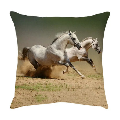 Square linen decorbites galloping horse pillowcase with vibrant print of two white horses on dusty terrain for living room decor