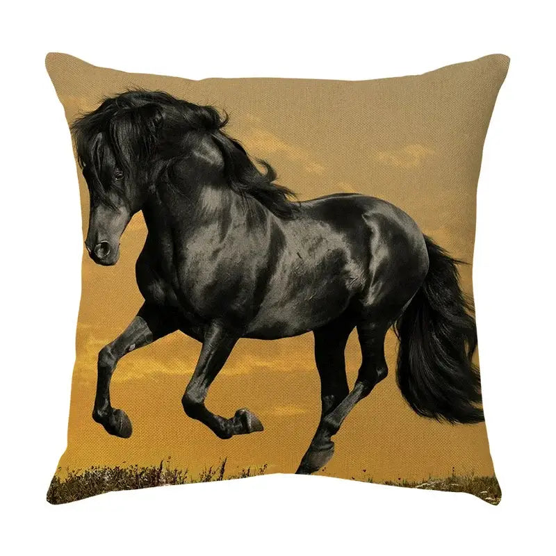 Decorbites galloping horse pillowcase featuring a vibrant black horse on golden linen cushion cover for living room decor