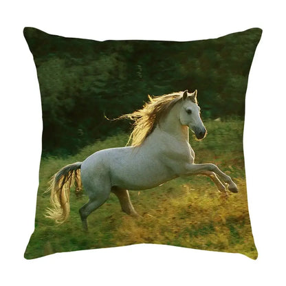 Square galloping horse pillowcase with white horse print on vibrant linen for living room decorbites galloping horse