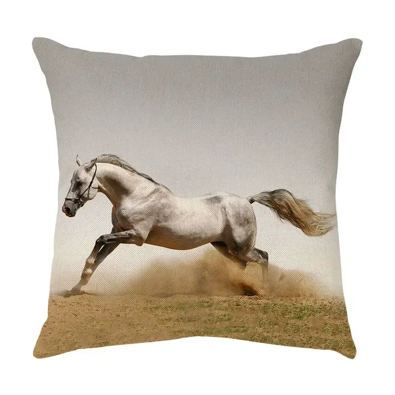 Square linen galloping horse pillowcase by decorbites featuring a white horse galloping through dust for living room decor