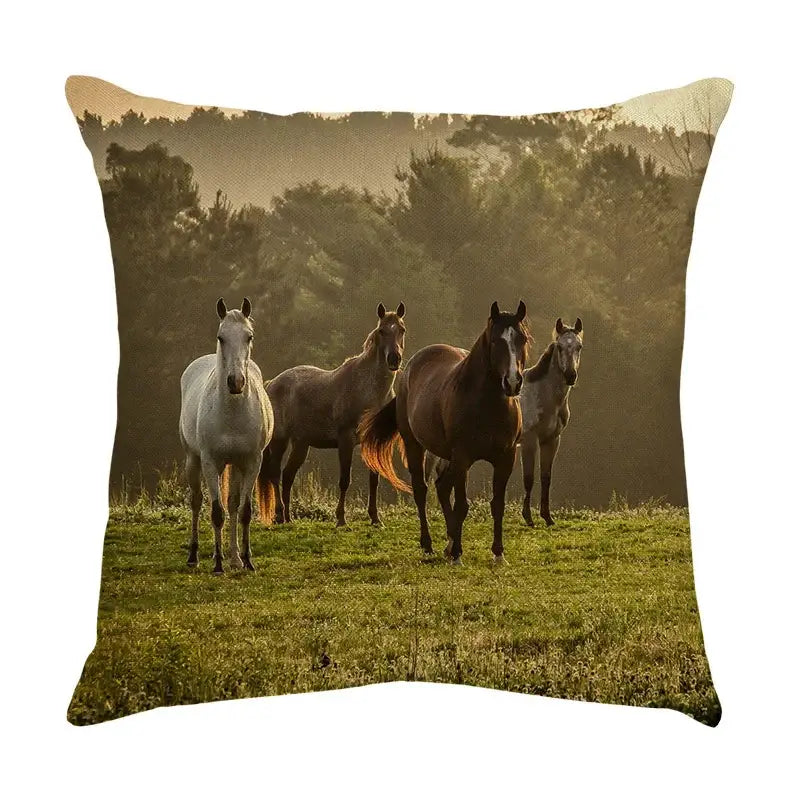 Square decorbites galloping horse pillowcase in vibrant linen featuring four horses in warm golden tones for living room decor