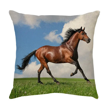 Beige linen galloping horse pillowcase with brown horse running on green field for decorbites galloping horse decor