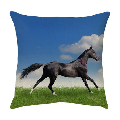 Decorbites galloping horse pillowcase featuring a black horse running on green field printed on vibrant linen cushion cover