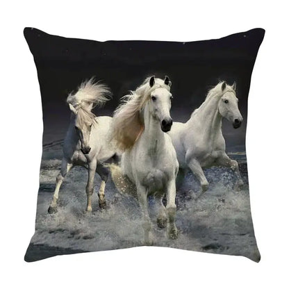 Square linen galloping horse pillowcase featuring three white horses against a dark backdrop by decorbites galloping horse decor