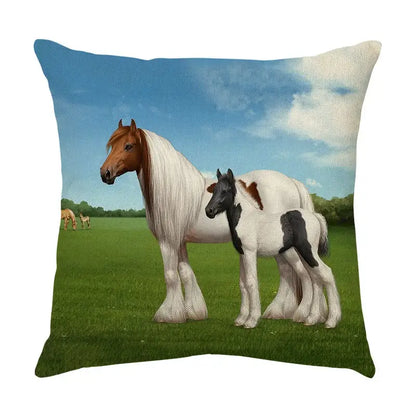 Square linen decorbites galloping horse pillowcase with adult and foal illustration in a grassy field under blue sky