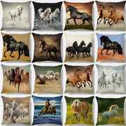 A collection of vibrant linen galloping horse pillowcase cushion covers by decorbites featuring dynamic colorful horse racing scenes
