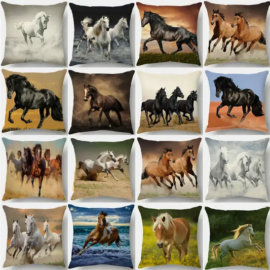 A collection of vibrant linen galloping horse pillowcase cushion covers by decorbites featuring dynamic colorful horse racing scenes