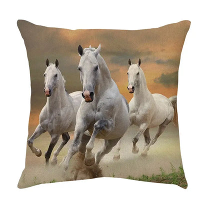 Square linen galloping horse pillowcase with vibrant print of three white horses on a golden field by decorbites galloping horse