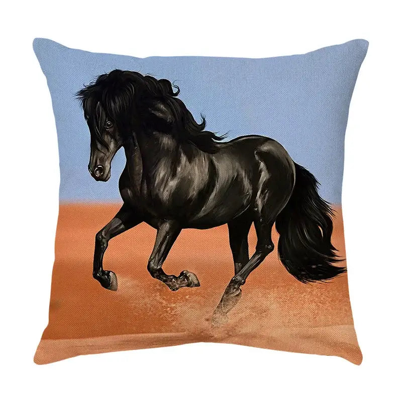 Square linen galloping horse pillowcase featuring a black friesian horse running on orange sand by decorbites galloping horse decor