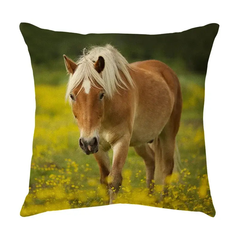 Square linen galloping horse pillowcase featuring a light brown horse with white mane in a yellow flower field decorbites galloping horse