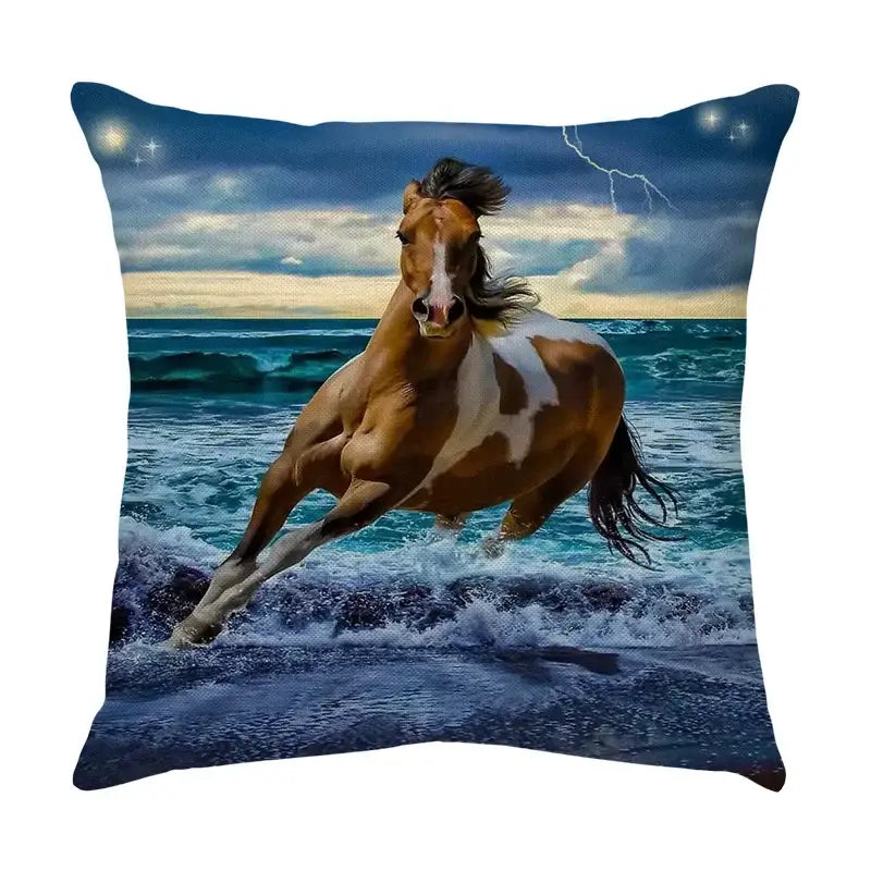 Square decorbites galloping horse pillowcase with vibrant brown and white pinto horse print on linen cushion cover