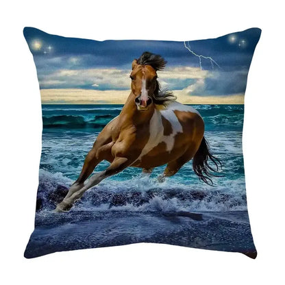 Square decorbites galloping horse pillowcase with vibrant brown and white pinto horse print on linen cushion cover