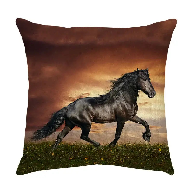 Square galloping horse pillowcase by decorbites featuring a black horse at sunset on vibrant linen for living room decor