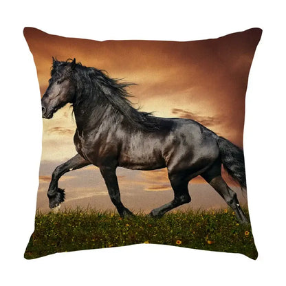 Square linen throw pillow with black galloping horse at sunset printed for living room decorbites galloping horse pillowcase