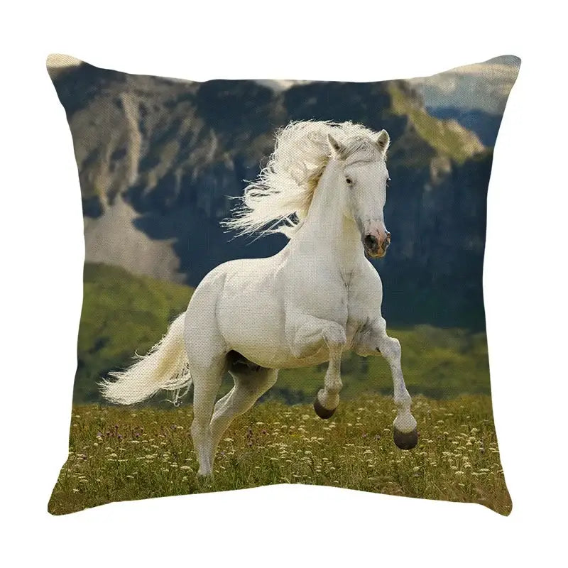 Square linen galloping horse pillowcase by decorbites featuring a white horse print on vibrant living room decor