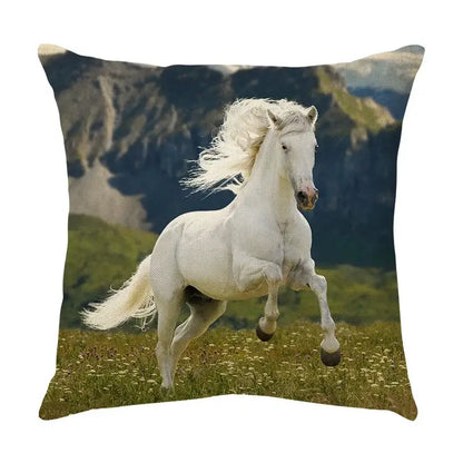 Square linen galloping horse pillowcase by decorbites featuring a white horse print on vibrant living room decor
