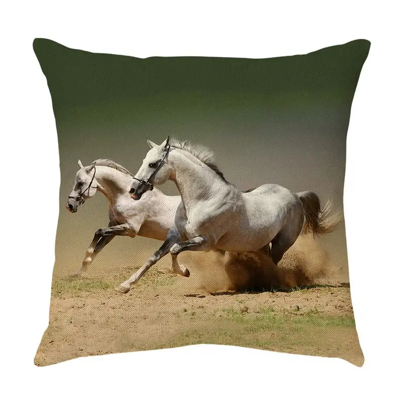 Square throw pillow with a vibrant linen cover featuring two white horses galloping for decorbites galloping horse decor