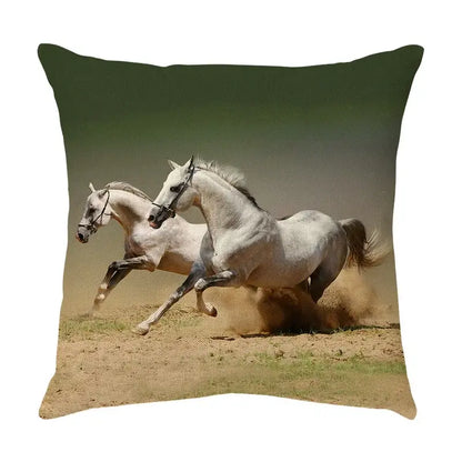 Square throw pillow with a vibrant linen cover featuring two white horses galloping for decorbites galloping horse decor