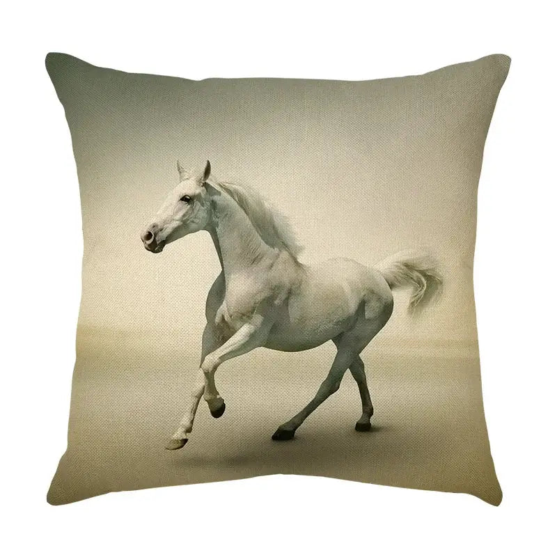 Beige linen galloping horse pillowcase featuring a white horse in motion for living room decor by decorbites galloping horse