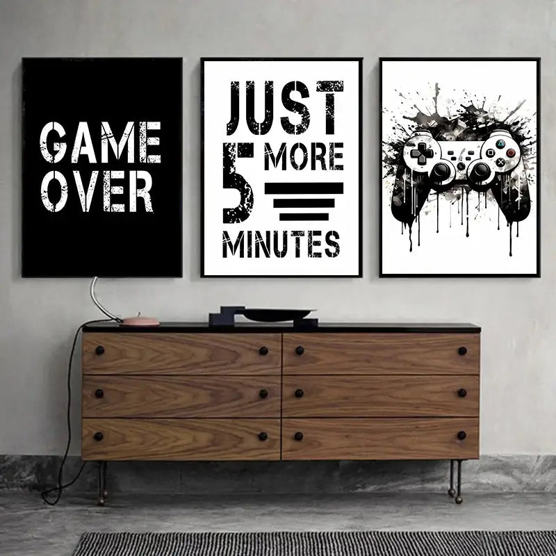 DecorBites™ black and white game controller wall art with bold game over text and splattered controller design
