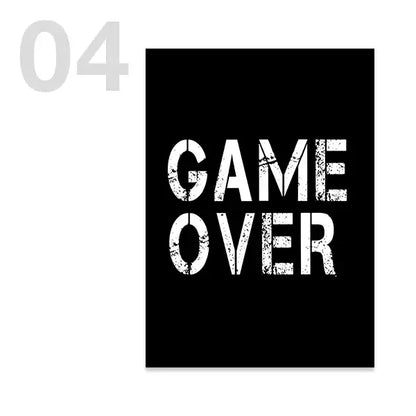 Decorbites black rectangular wall art with distressed white game over text featuring a white game controller design