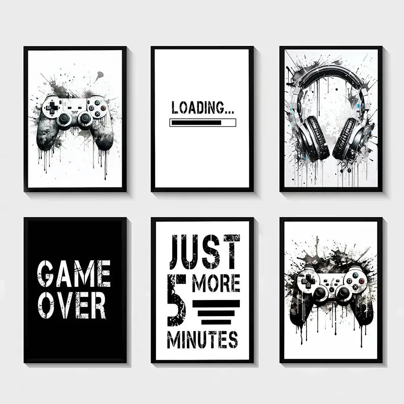 Set of six black and white game controller wall art prints with splattered ink designs from DecorBites™
