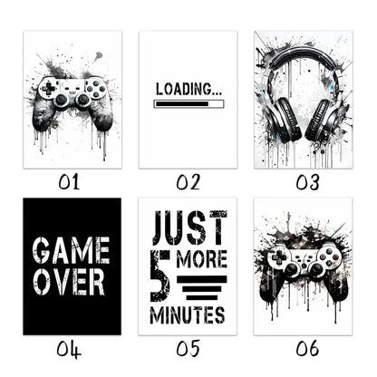 Set of six black and white game controller wall art prints with splattered paint designs and gaming-themed text by decorbites