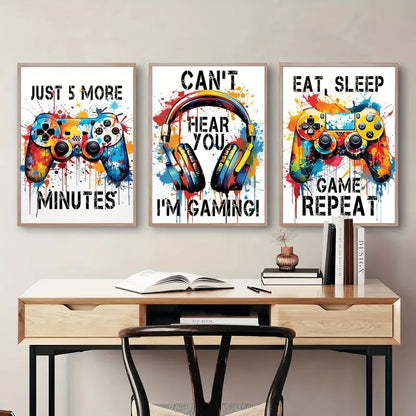 Gamer Room Decor Set - Graffiti Gamepad Canvas Prints - Posters