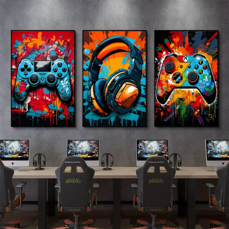 Gamer Room Decor Set - Graffiti Gamepad Canvas Prints - Posters