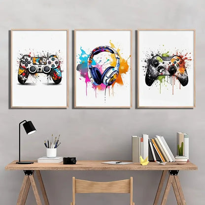 Gamer Room Decor Set - Graffiti Gamepad Canvas Prints - Ax3pcs / 40x60cm - Posters
