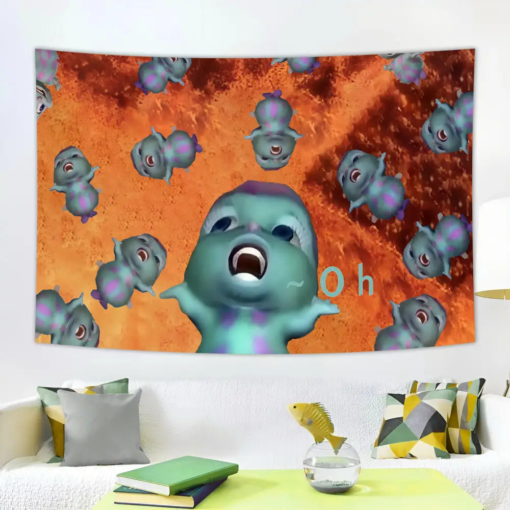 Teal and purple cartoon fantasy tapestry with wide-eyed central figure and smaller creatures on orange background decorbites funny cartoon